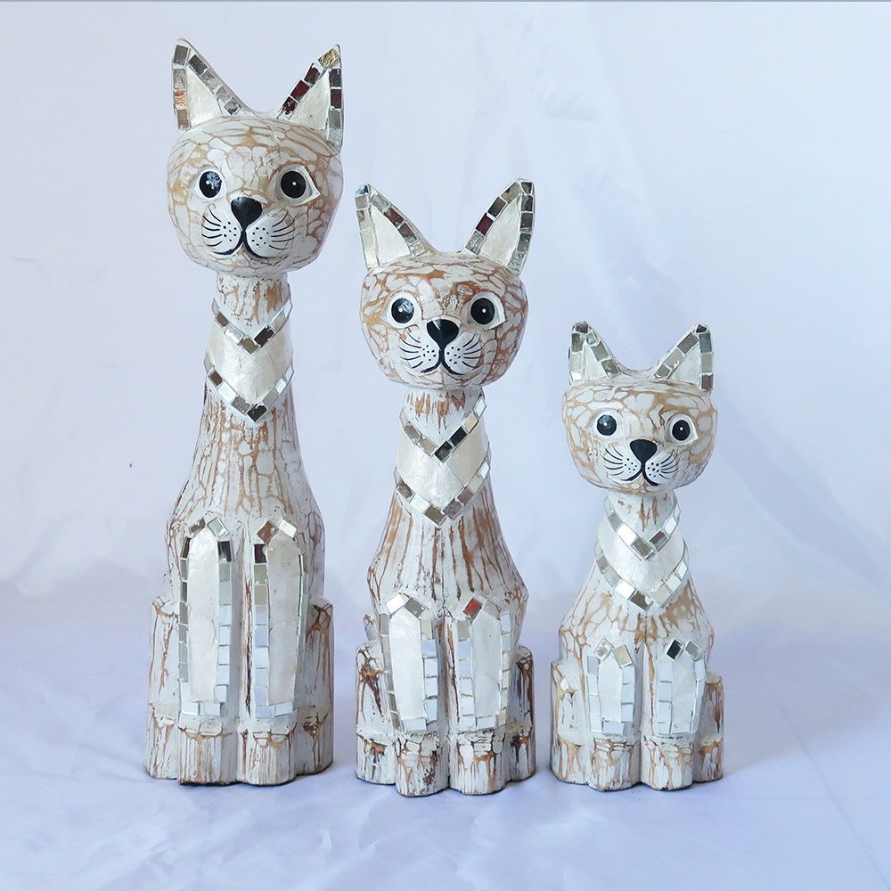 Decorative Wooden Standing Cat Grey White