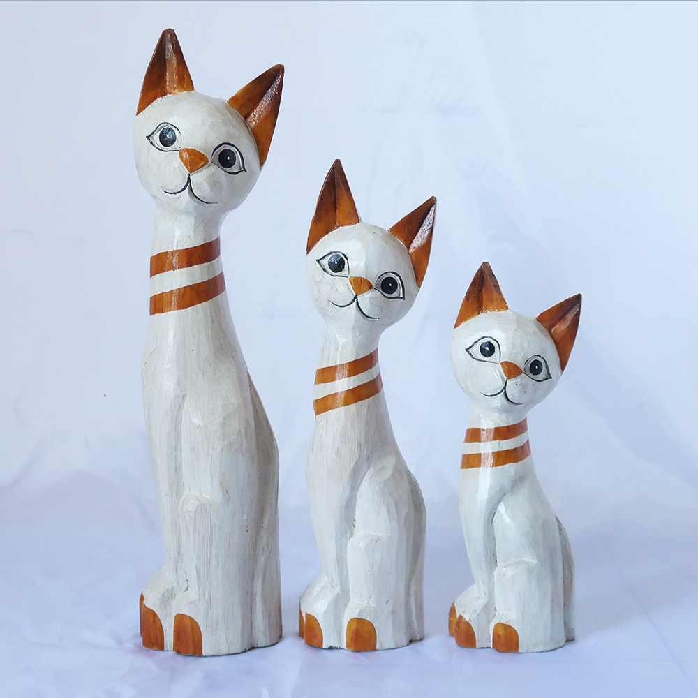 Decorative Wooden Standing Cat White Brown