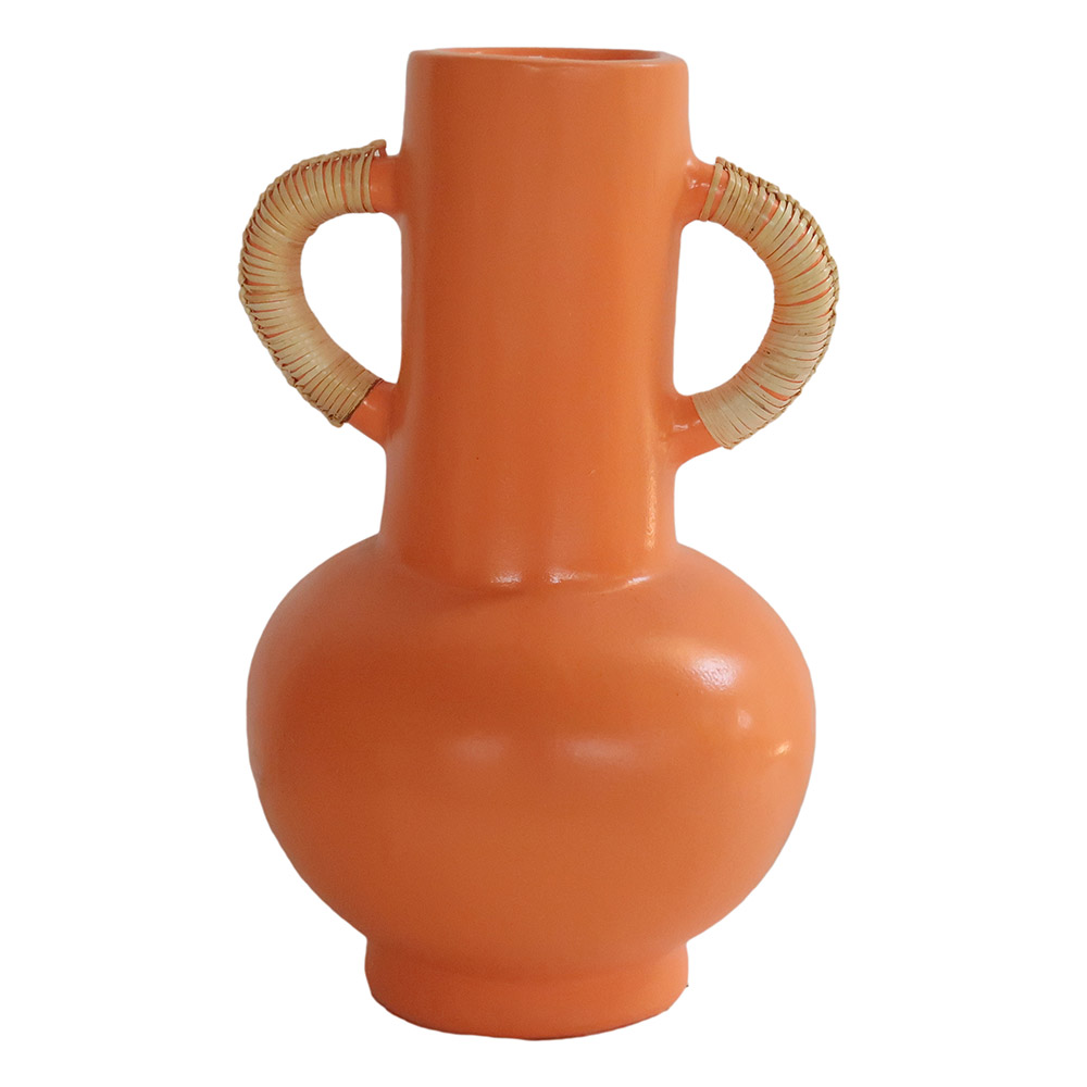 Decorative On Table Or Floor Clay Rattan Terracotta Vase With Handle Orange