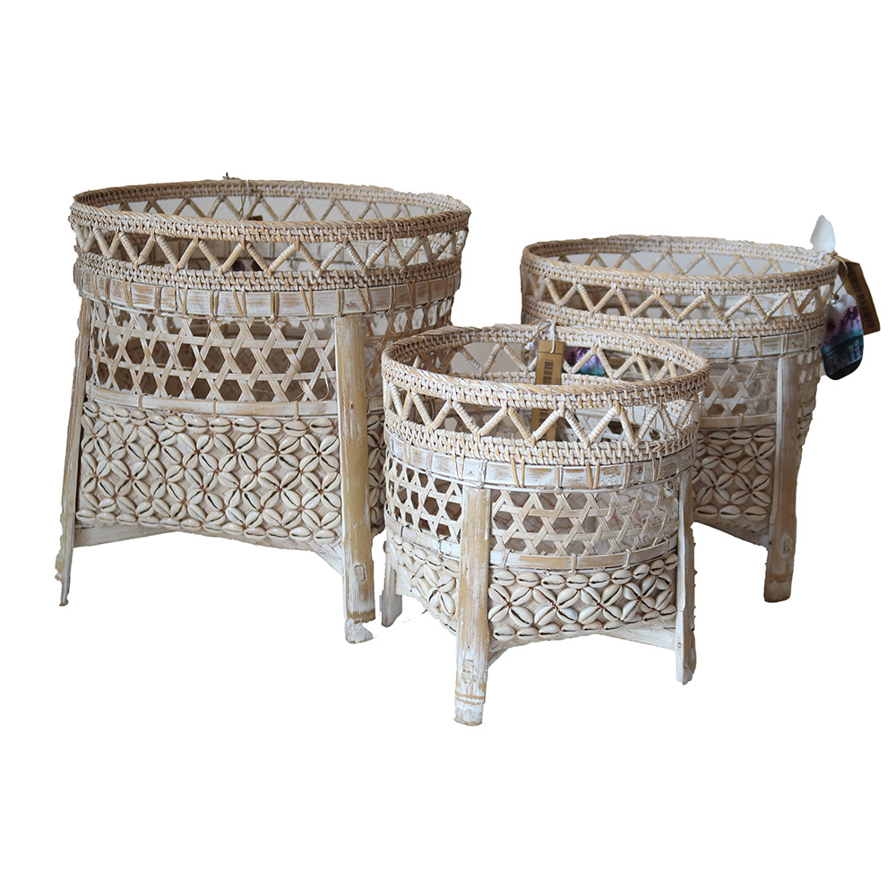 Decorative / Basket Bamboo Shell Basket Antique Whiite Wash