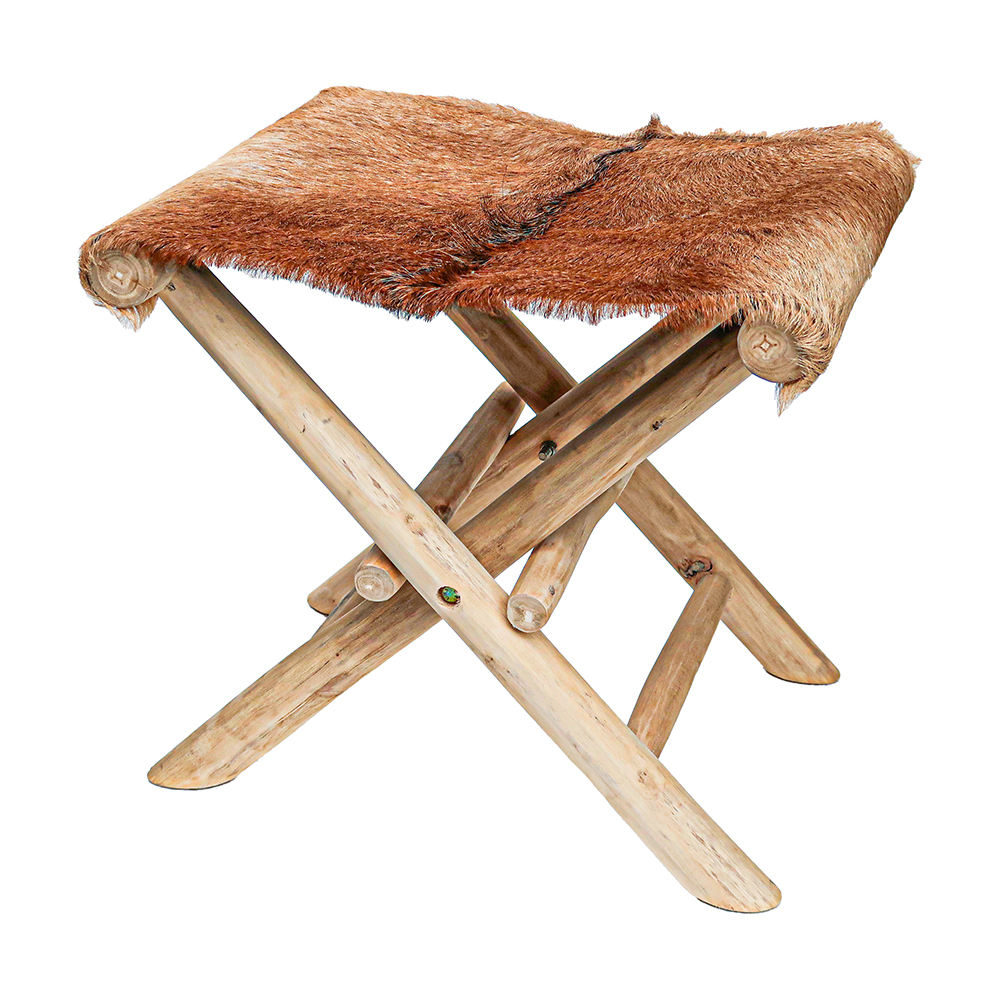 Furniture Teak Wood Goat Skin Stoole Brown Antique